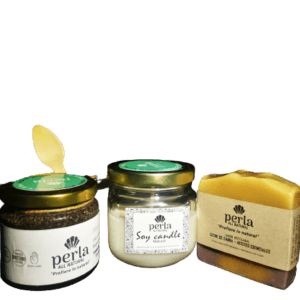 Kit de productos naturales: jabon natural, vela de soya, exfoliante natural de cafe orgánico